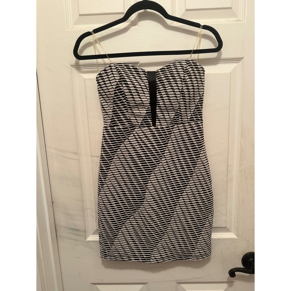 Trixxi Black White Geometric Strapless Bodycon Mini Dress Mesh Plunge Size M Y2K